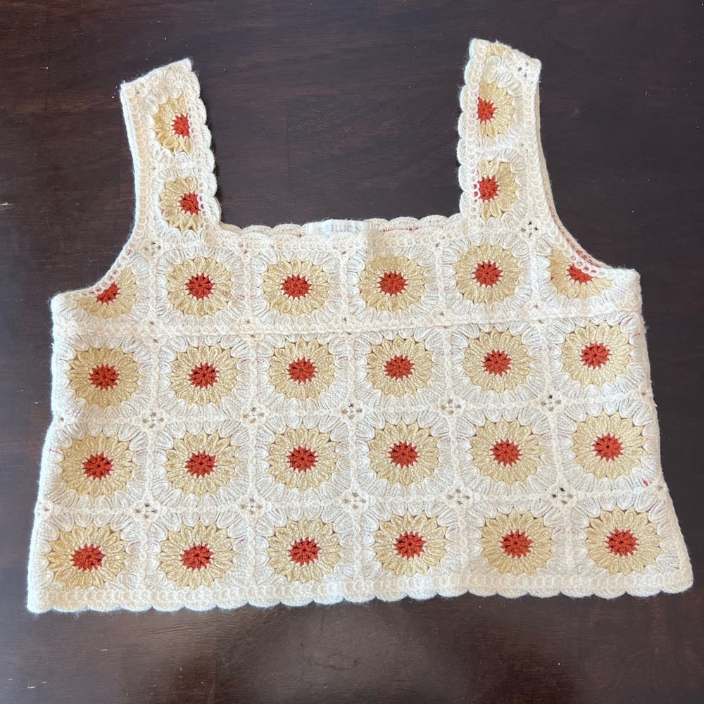 Rebellion Again Sunflower Crochet Top Cream Cropped Floral Womens Size L